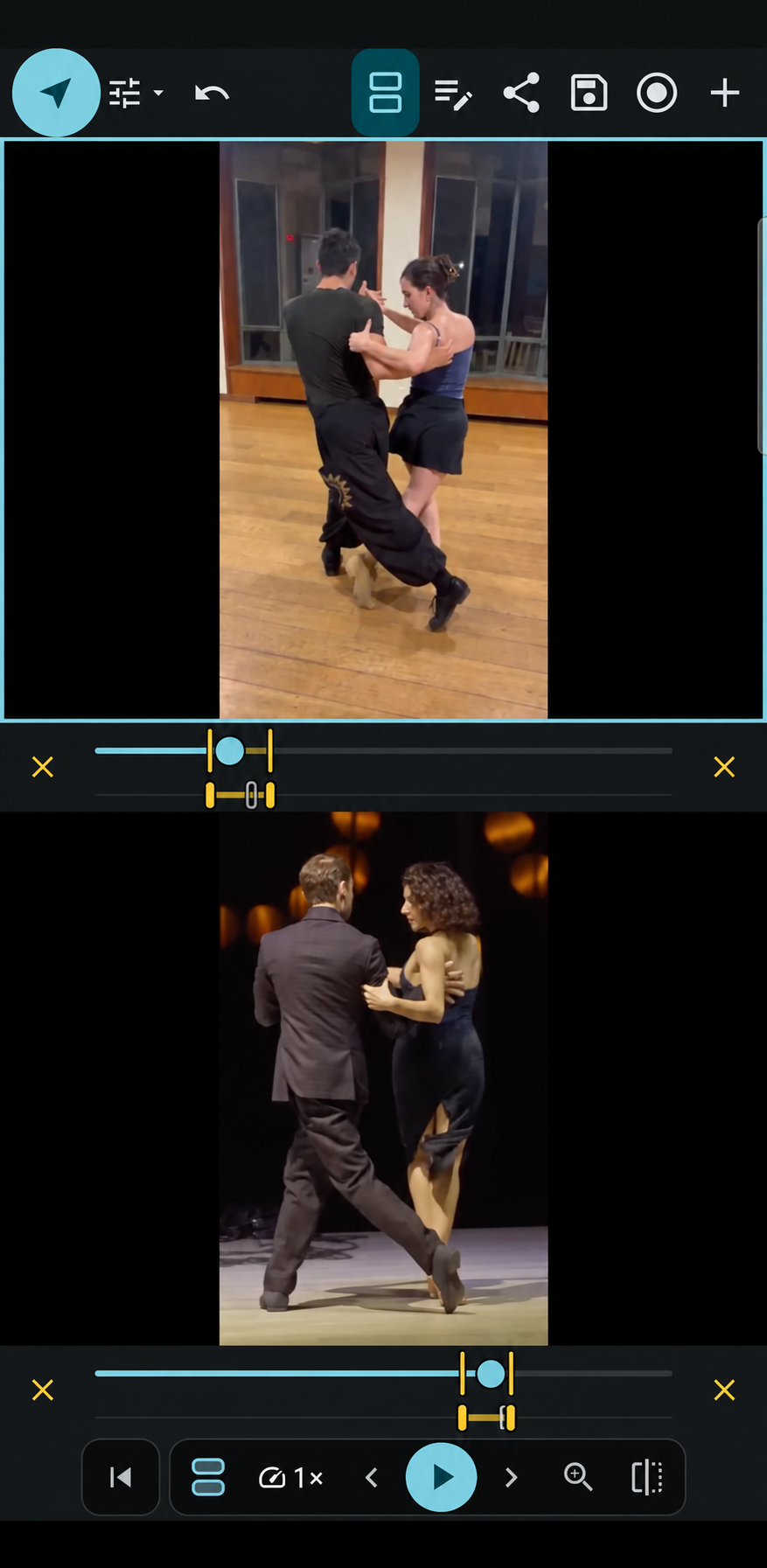 Two different dance clips compared in INFORM, with the lower playback marker further along the timeline
