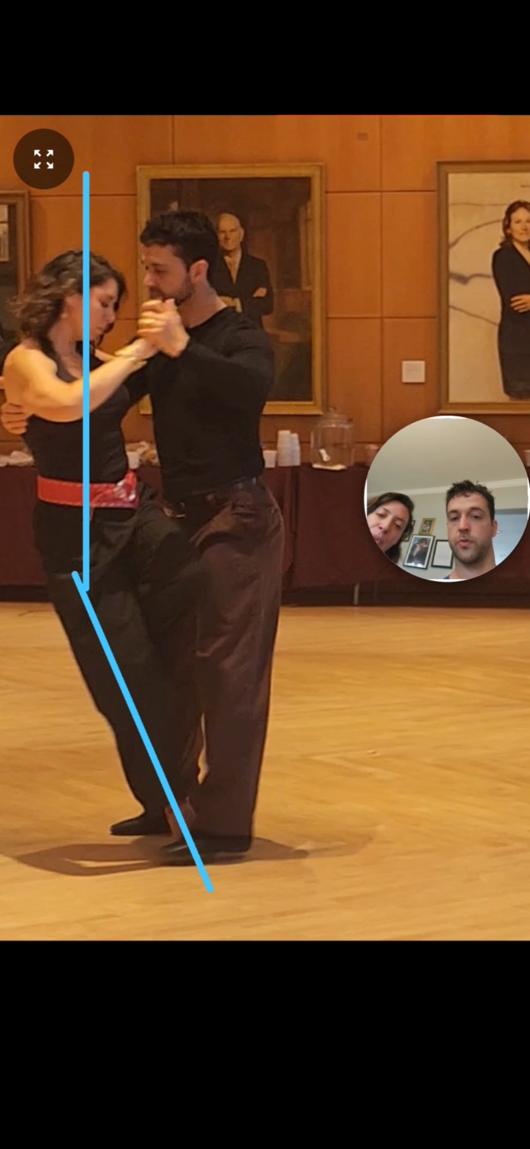 InForm recording feedback over a dance clip, with a movement line and a speaker in the corner.
