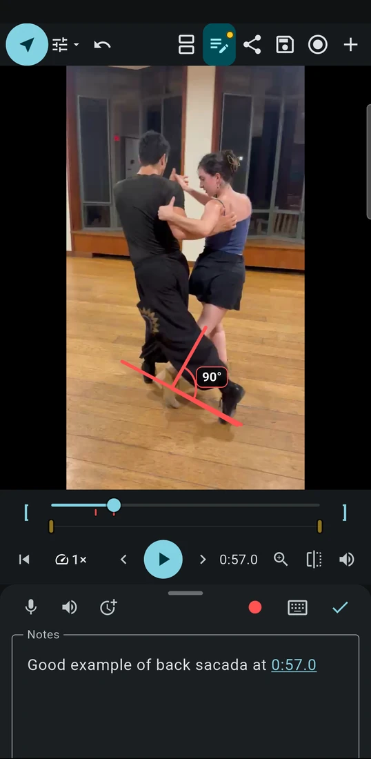 A timestamped note on a dance video
