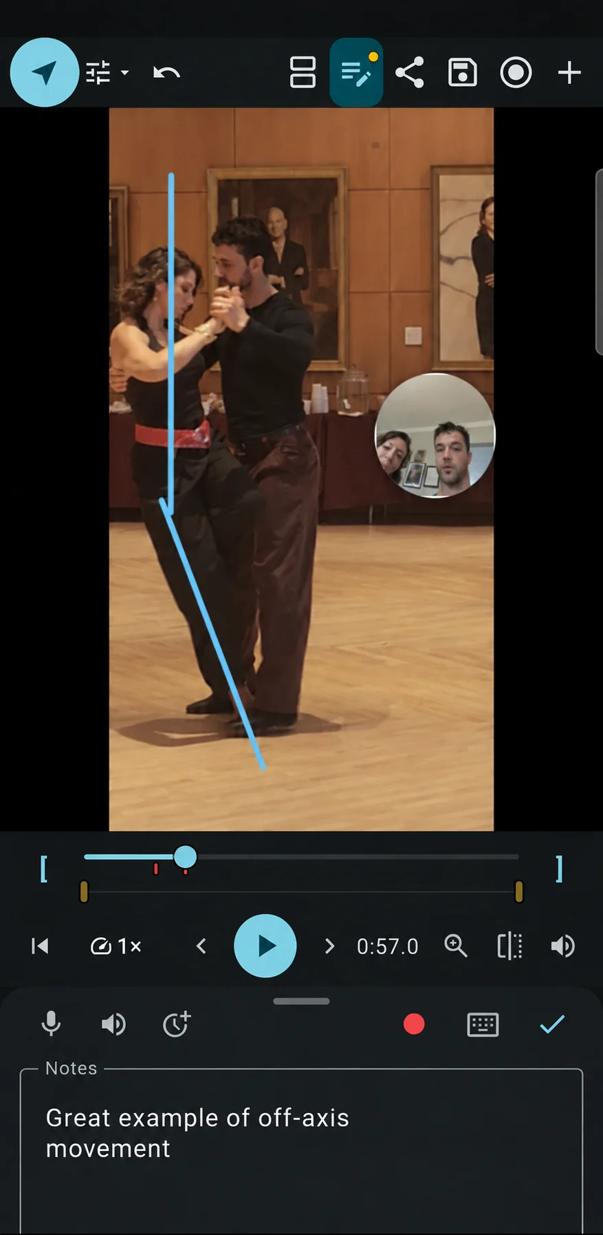 INFORM notes showing Great example of off-axis movement beneath annotated dance footage